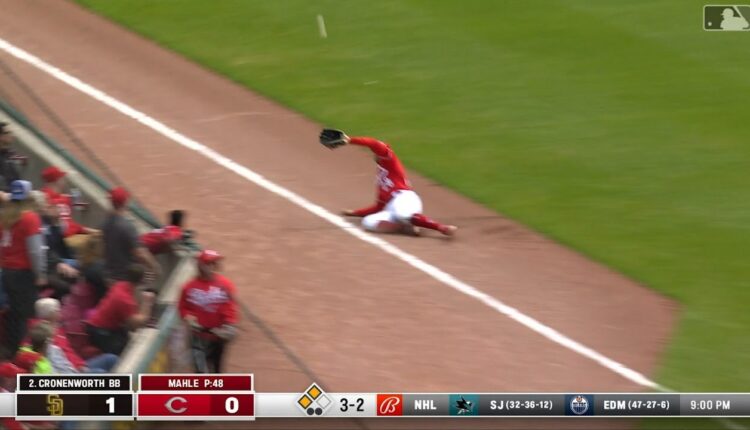 Tommy Pham makes a sliding catch on the foul line