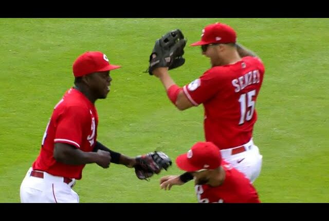 Aristides Aquino throws out Joey Bart at the plate to end the game